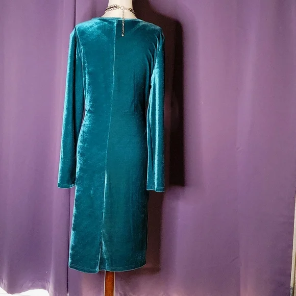 Long Sleeve Velvet Feeling V-neck Midi Dress - Picture 4 of 8